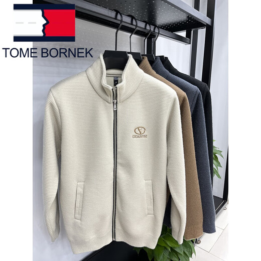 Tommy Shekelly Tommy Spring Fleece Thickened Sweatshirt Jacket High-end Heavy Middle-aged Daddy's Stand-Link Zipper Wool Cardigan Men Grey XL