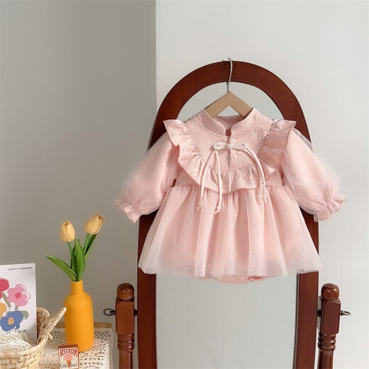 惠奴比婴儿衣服女宝宝秋公主裙子满月服周岁礼服新生网纱连衣裙 653粉色包屁裙+发带 80cm