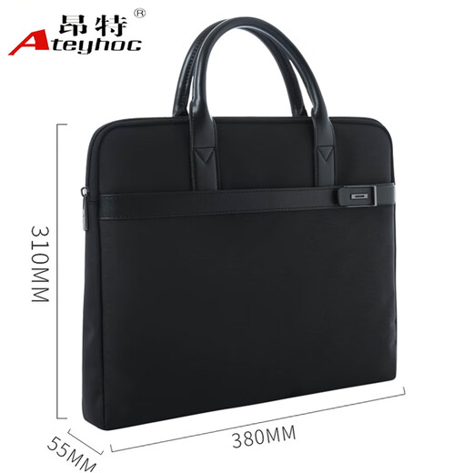 Ateyhoc business hand-held briefcase men's casual commuter office bag B4 large capacity customized document bag waterproof wear-resistant thickened information bag front and back with pocket 825 black (size: 380*310*55MM)