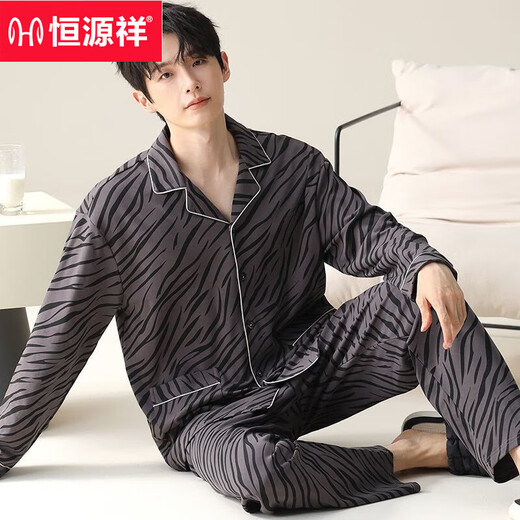Hengyuanxiang pure cotton pajamas men's spring and autumn long-sleeved lapels loose plus size can be worn outside men's home clothes set OMM12004 L 100-120Jin Jin is equal to 0.5 kg
