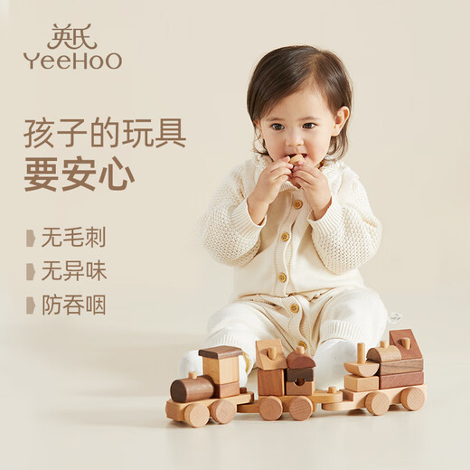 英氏（YEEHOO）儿童积木拼装火车DIY拼插玩具木质小车男孩周岁宝宝生日礼物 诺森绿野火车【礼盒装】