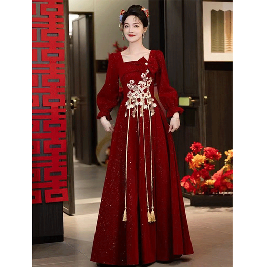 Seidler Bridal Wedding Toast Wear 2025 New Long Sleeve Engagement Dress Back Door Dress for Women High-End Light Luxury Niche Burgundy M