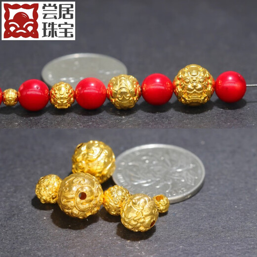 Changju 18k gold accessories diy Pixiu beads round beads auspicious animal main beads separated beads loose beads beaded rope ancient gold mini diameter 4.8mm weight 0.19g