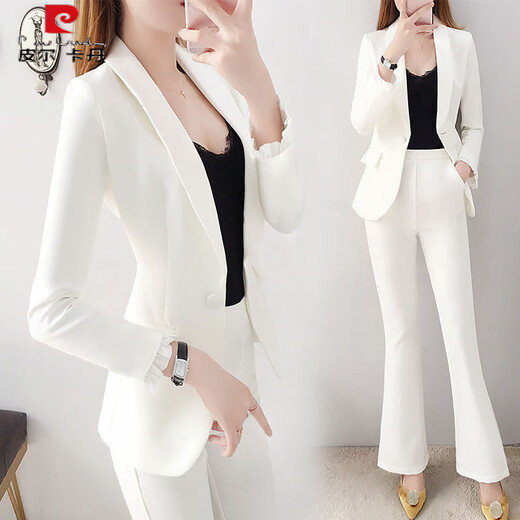 皮尔卡丹（pierre cardin）2025新款春秋白色西装套装女韩版时尚正装小西服英伦风两件套套装 白色 S 100斤以下