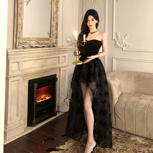 Spring Man birthday dress sexy royal sister cos queen waist slim mesh long skirt for women black (including breast pads and fish bones) M