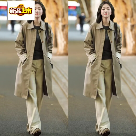 Chujing Casual Versatile Khaki Windbreaker 2025 Spring and Autumn New Temperament Loose Slim Medium Long Jacket Tobacco Khaki Windbreaker 2408 XS