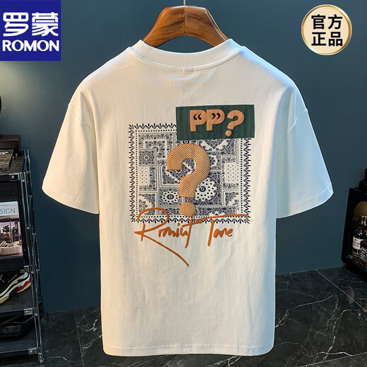 Romon kurzärmeligte T-Shirt Herren 2025 Sommer dünne Mode gedrucktes T-Shirt Xinjiang Baumwolle Runde Hals halbärmelig Männer Top T White 2 [ZJ1047 Fit-Version] M geeignet für 90-108jin [Jin gleich 0,5 kg]