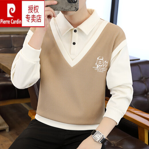 Pierre Cardin Shirt Collar Sweathirt Men de printemps et d'automne deux pièces épissées T-shirt à manches longues décontractées