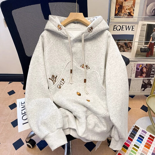 LDBE design embroidered squirrel hooded sweatshirt for women 2025 new velvet thickening loose lazy style spring coat trend apricot autumn and winter velvet M 80-105Jin Jin is equal to 0.5 kg