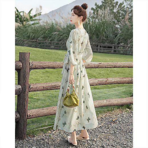 Robe imprimée de la maison Cypress 2025 printemps et été de la manche en V Nouveau-couches en V