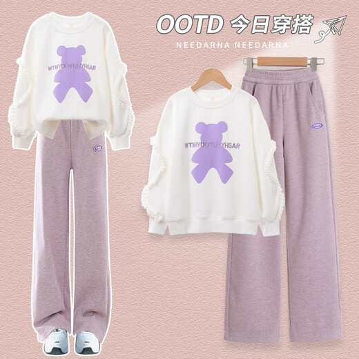 Ove Girls Spring Suit 2025 New Fashionable Children's Spring and Autumn Swellshirt Medium and Big Children's Tell Spring Ropa 15188 Purple + 4882 White 150 150cm