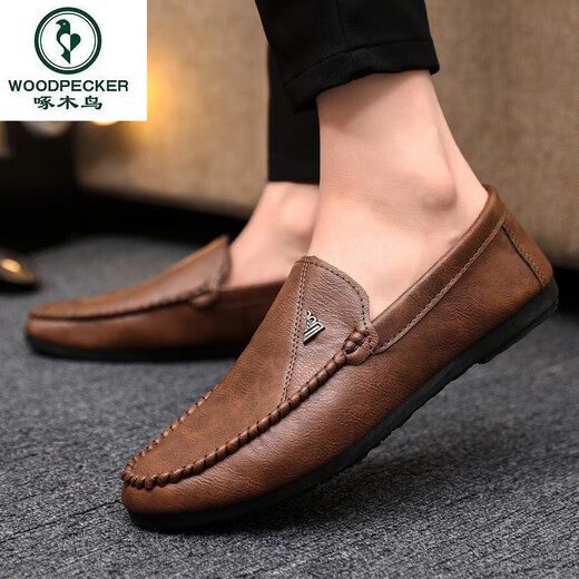 
Woodpecker black men's beanie shoes men's spring one-legged formal soft sole breathable loafers men's 2025 new British style YL-D829 brown 40