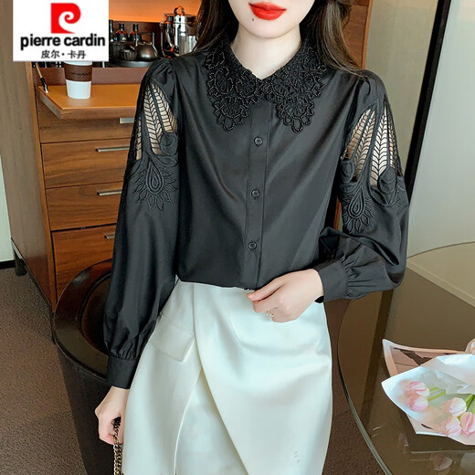 
Piercadian embroidered cotton shirt for women 2025 autumn new fashion embroidered white shirt loose versatile long-sleeved top CY9227 Black S [Suggested 75-95Jin [Jin equals 0.5 kg]]