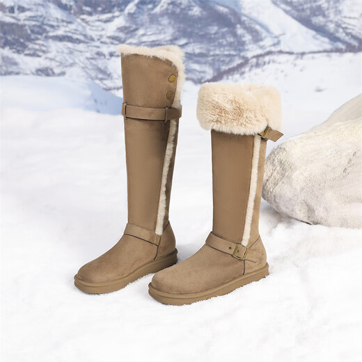达芙妮长靴雪地靴女厚底长筒靴加绒保暖2025新款增高防寒东北北方加厚 卡其 36 (230mm) 标准码