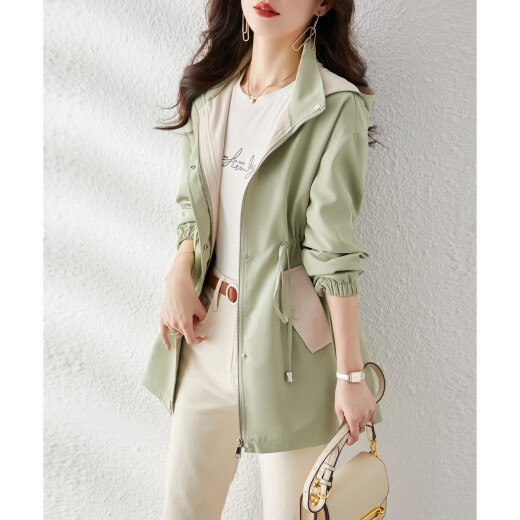 
Shangjing Spring and Autumn Trench Coat for Women Mid-Length Small Hat Waist Hooded Contrast Color Versatile Commuter Jacket Green M