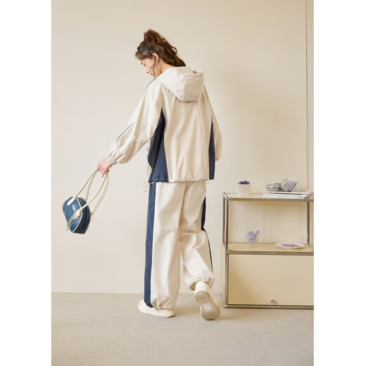 Zihan (ZIHAN) Zihan Bow Contrast Color Splicing Hooded Jacket Wide Leg Casual Pants Two-piece Suit Women's 2025 Spring New Beige XS