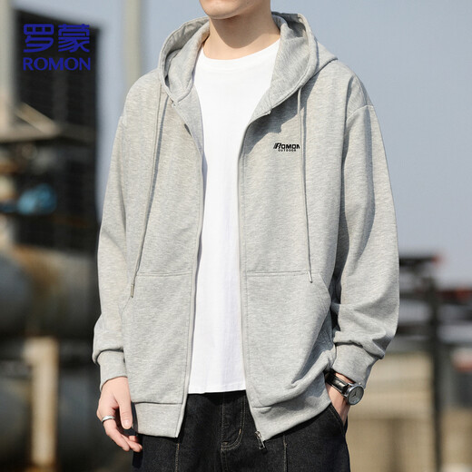 ROMON sweatshirt men's autumn loose casual jacket men's versatile hooded cardigan top men WY333 light gray L