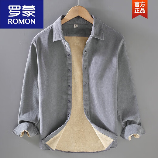 罗蒙（ROMON）春秋季灯芯绒衬衫男长袖宽松休闲日系复古棉质工装条绒衬衣外套 灰色 【9717】 M