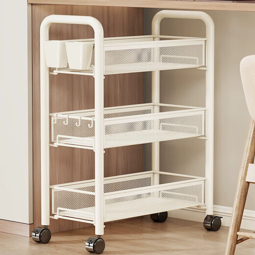 Julihui Dormitory Trolley Storage Rack Dormitory Desk Small Bookshelf Removable Wheeled Snack Multi-layer Slit Storage Cabinet 3-layer White-Luxury Thickened Pulley + Hook