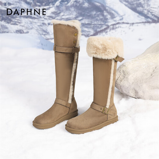 达芙妮长靴雪地靴女厚底长筒靴加绒保暖2025新款增高防寒东北北方加厚 卡其 36 (230mm) 标准码