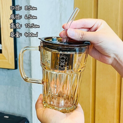 FancyChic [6174] Europäische elektroplierende farbige Glaswasserbecher verdickte Blei-Blei-Gurt-Griff-Griffe Anti-Scenging Strohbecher Diamant Ins High Purple Griff + Deckel + Strohhalm + Strohhalm