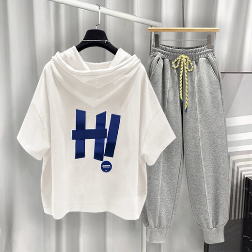 夏品丽港风连帽短袖套装男夏季潮流印花T恤整套 黑色t5019+灰色9215 S  适合(85-105斤)