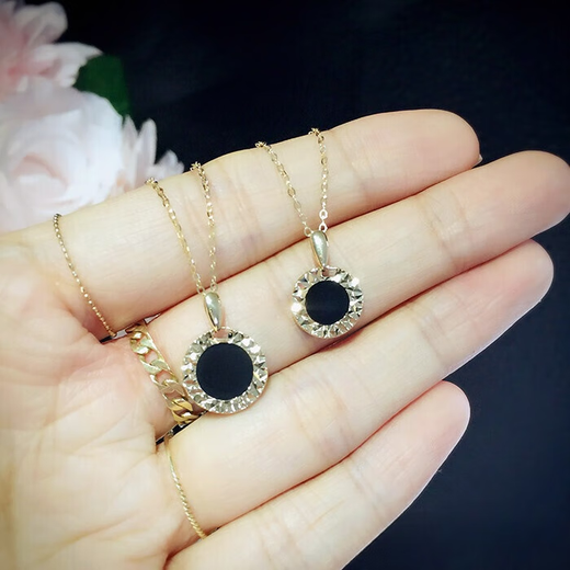 Seki Satomaru-sama Korean 14K gold necklace black faceted versatile fashionable round pendant clavicle chain small pendant + chain