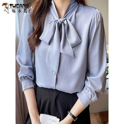 Woodpecker Chiffon Chiffon Chiffon Femenina de manga larga Spring y otoño NUEVA IMITACIÓN Temperamento de seda Base Base Blue 9276 S _80-95Jin [Jin equivale a 0.5 kg]