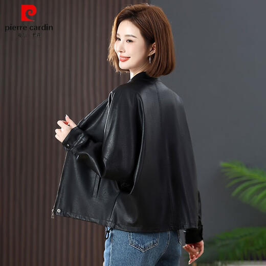 Pier Cardin Haining genuine leather leather jacket for women 2025 spring and autumn new stand collar casual large version leather jacket fashionable slim sheepskin jacket black suitable for 100-120 Jin [Jin equals 0.5 kg] M