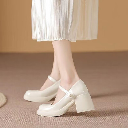 Mary Jane Shoes Women's 2025 New Spring y Autumn Pearl Fairy Fairy French High Heels Tisos gruesos gruesos zapatos solteros Off-White 35 (225 mm)