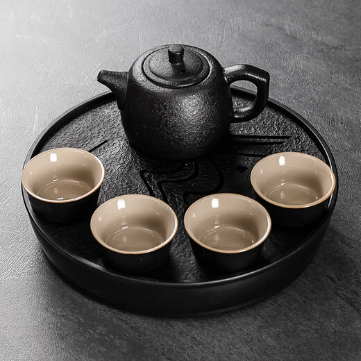 An Junsheng Kung Fu tea set tea tray small set one pot four cups portable home dormitory hotel teapot tea cup simple black purple sand 1 pot four cups + melamine round black plate - Yuanshan