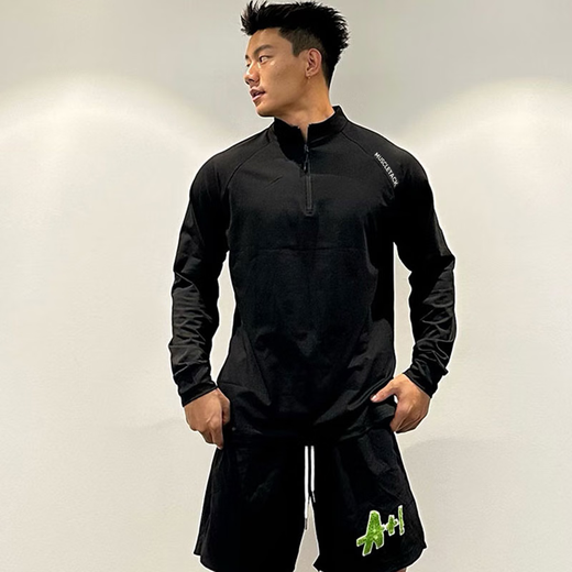 Kennedy fitness long-sleeved men's loose elastic half-zip sports T-shirt American running spring and autumn basketball training cycling jersey clone cotton long-sleeved T-shirt 2XL 160-168cm