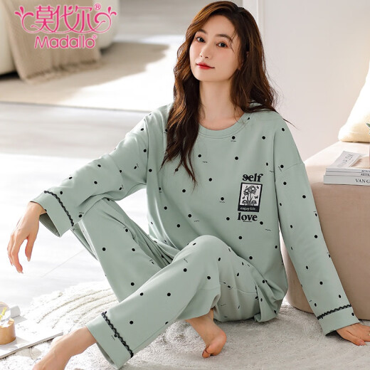 莫代尔带胸垫一体纯棉睡衣女春秋特大码长袖防凸点宽松家居服套装可外穿 NJR-KNC9207 棉 M