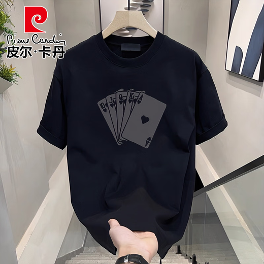 皮尔卡丹（pierre cardin）美式短袖t恤男士2025夏季新款宽松百搭半袖体恤上衣男装时尚休闲 黑色前大图【K983 2XL 建议160-180斤