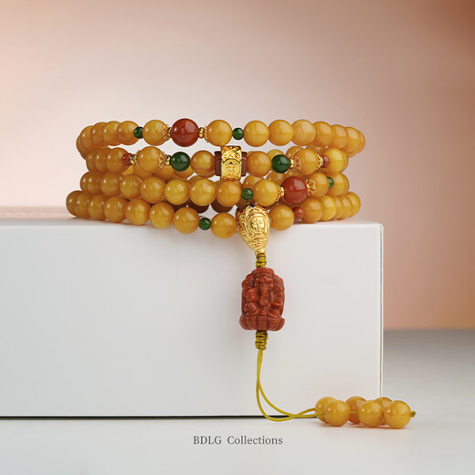 Potala Palace Chicken Fat Yellow Beeswax Bracelet Nanhong Pixiu 108 Buddha Beads Multi-circle Bracelet for Men and Women Birthday Gift Beeswax Nanhong 108 Beads