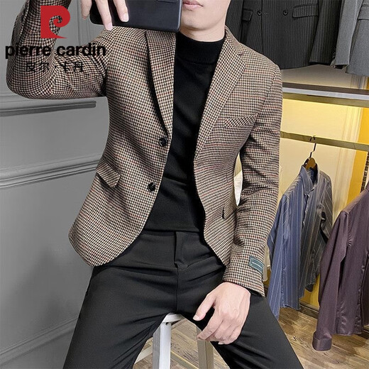 皮尔卡丹（pierre cardin）2025春秋男士西服外套韩版潮流休闲长款修身痞帅格子毛呢西装 咖色[2023/新款/外套/夹克/男装 62 XL[建议130-150斤]
