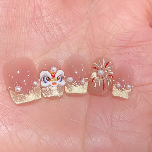 MAITHONG【官方】新年醒狮手工穿戴甲烟花猫眼爆闪显白美甲秋冬过年氛围感 A1396烟花醒狮 新短方 S