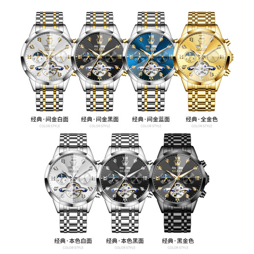 Olevs Swiss Certified Brand Watch Herren Multifunktional mechanische Uhr Vollautomatisch leuchtend wasserdichte Männer Watch Trendy Herren Uhr Olevs-6621 Stahlgürtel Schwarz