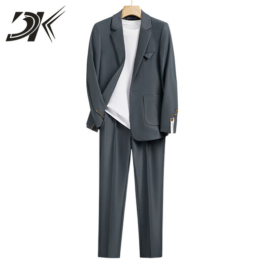 DK brand suit men's loose casual pocket triangle design small suit jacket men's light mature suit complete set gray green suit + trousers S size