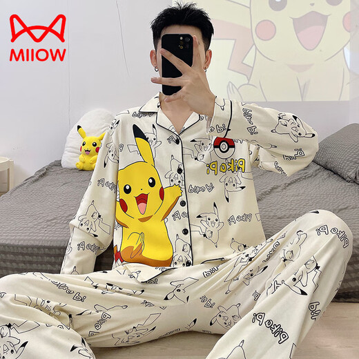 Catman (MiiOW) 2025 new men's pajamas spring and autumn long sleeve thin style youth cartoon student summer day home clothing set 9901 men's style 2XL standard (high 180180Jin [Jin equals 0.5 kg])