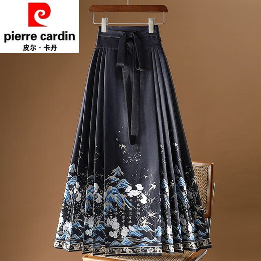 皮尔卡丹（pierre cardin）新中式国风马面裙女春春秋2025一片式长裙汉服遮胯百褶半身裙针织 9893黑色 均码