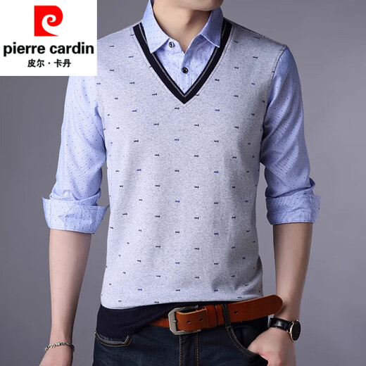 皮尔卡丹（pierre cardin）2025新款男士纯棉假两件衬衫加绒加厚春秋季保暖上衣 3879蓝色 M 165