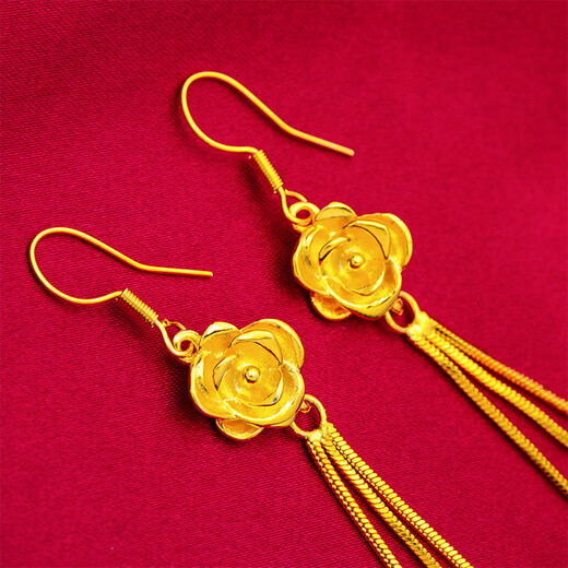 GRAYCEWODY Old Phoenix 999 Gold Rose Earrings Women's 24K Pure Gold Long Tassel Earrings Middle-aged Earrings 0.01g Old Phoenix Gold Store Style Rose Flower Earrings
