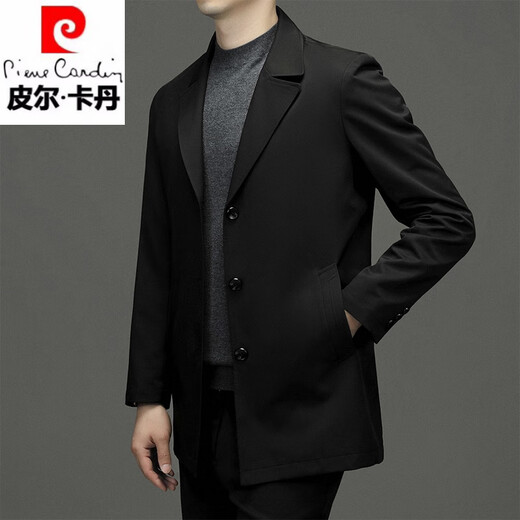 Pierre Cardin 2025 Spring and Autumn New Windbreaker Men's Mid-Length Business Casual Suit Collar Thin Jacket Spring and Autumn Men's Coat Black L Recommended 110-130 Jin Jin equals 0.5 kg