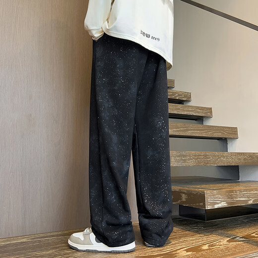 
IZEXX Star High Street Casual Pants Men's Spring and Summer Wide Legs Draped Loose Trendy Brand Straight Long Pants IZ27 Flower Bottom Black L