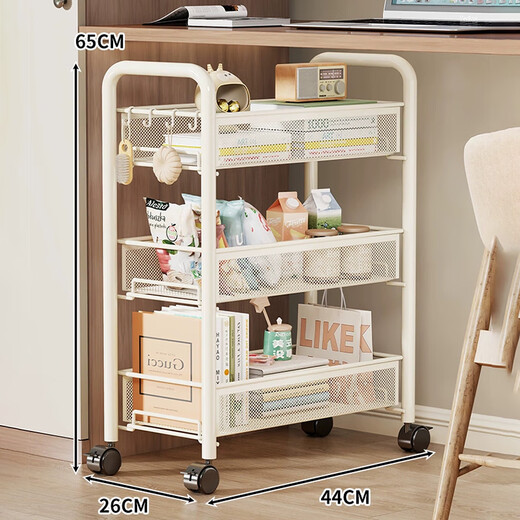Julihui Dormitory Trolley Storage Rack Dormitory Desk Small Bookshelf Removable Wheeled Snack Multi-layer Slit Storage Cabinet 3-layer White-Luxury Thickened Pulley + Hook