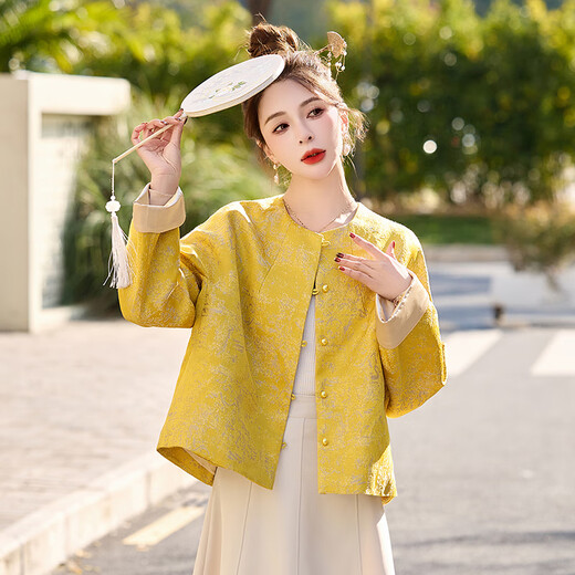 Pier cardinal jaune nouveau jacquard chinois veste courte pour les femmes 2025 printemps et automne new âge réduisant le cou rond polyvalent tang costume top top jaune régulier m (110-120jin [Jin est égal à 0,5 kg]))