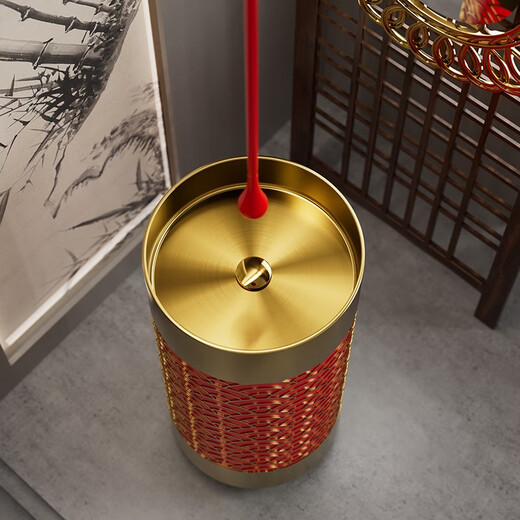 Nueva columna de acero inoxidable de estilo chino Hotel B&B Baño redondo Redonda Washbasin Washbasin Gold + Red 3883 Wave Pattern-Cilindrical Basin