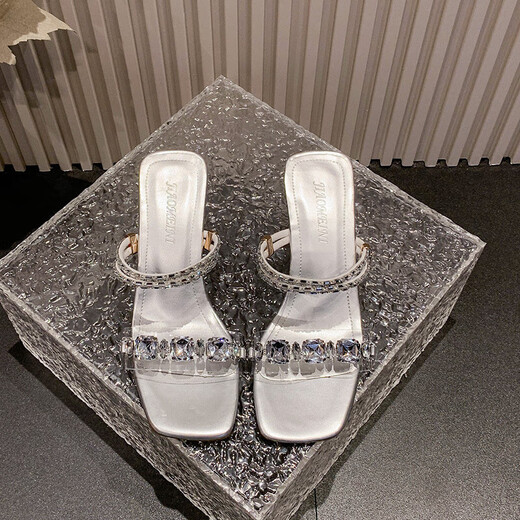 High-heeled rhinestone sandals for women in summer wear transparent one-length striped crystal heels two-size sandals silver (Rongda/KO1) 37