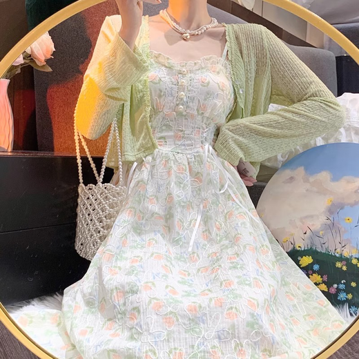 凡小如碎花吊带连衣裙女高级感套装两件套春夏法式中长款温柔风气质女装 开衫+吊带裙两件套 L 【建议105-115斤】